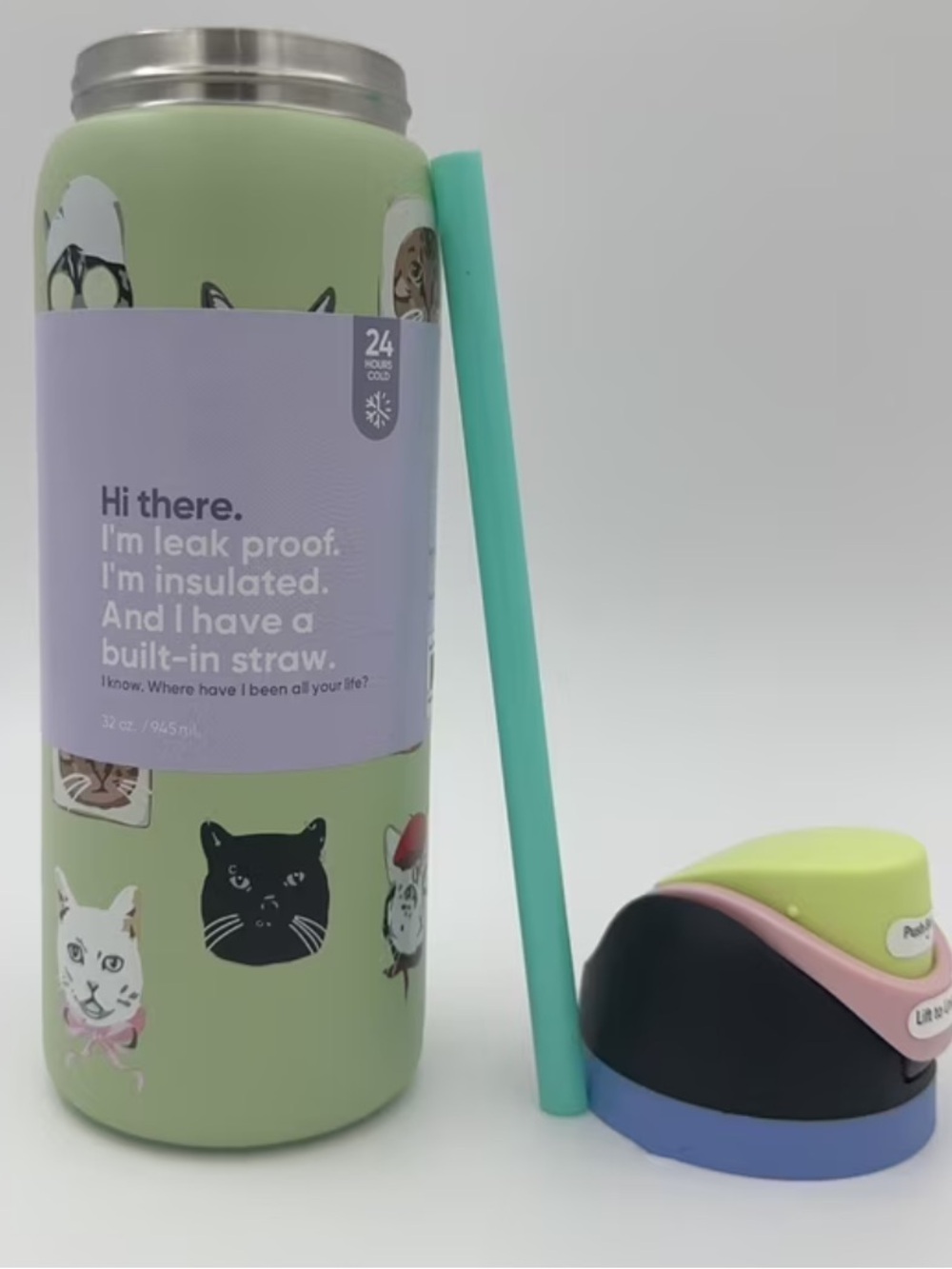 Owala Cat Pattern Insulated Water Bottle - Green 32oz cats kittens new freesip - Picture 3 of 3